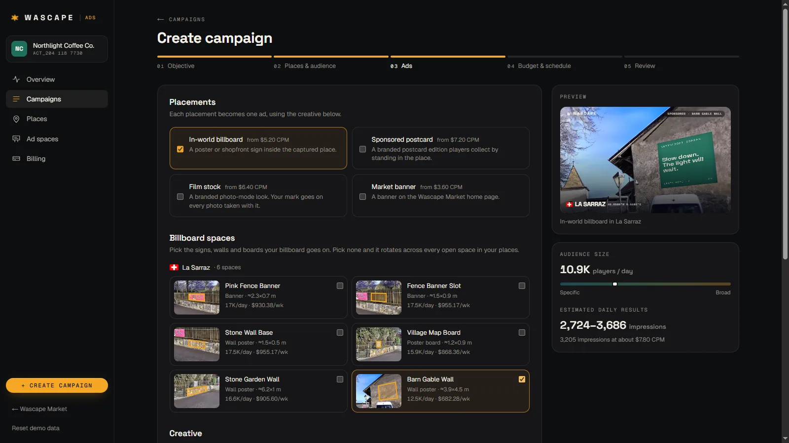 Pick the places and the spaces, write the ad or upload a video, and see it inside the place as you type.